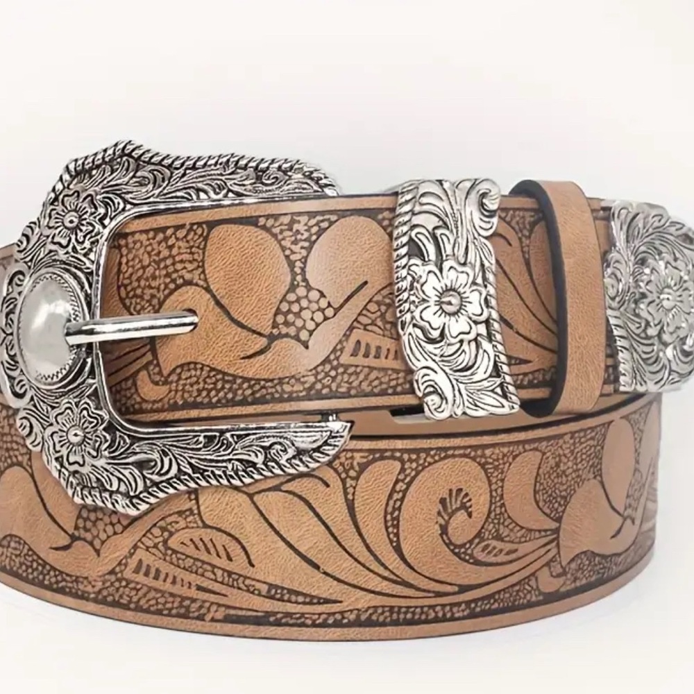Brown Floral Embossed Belt with Silver Buckle